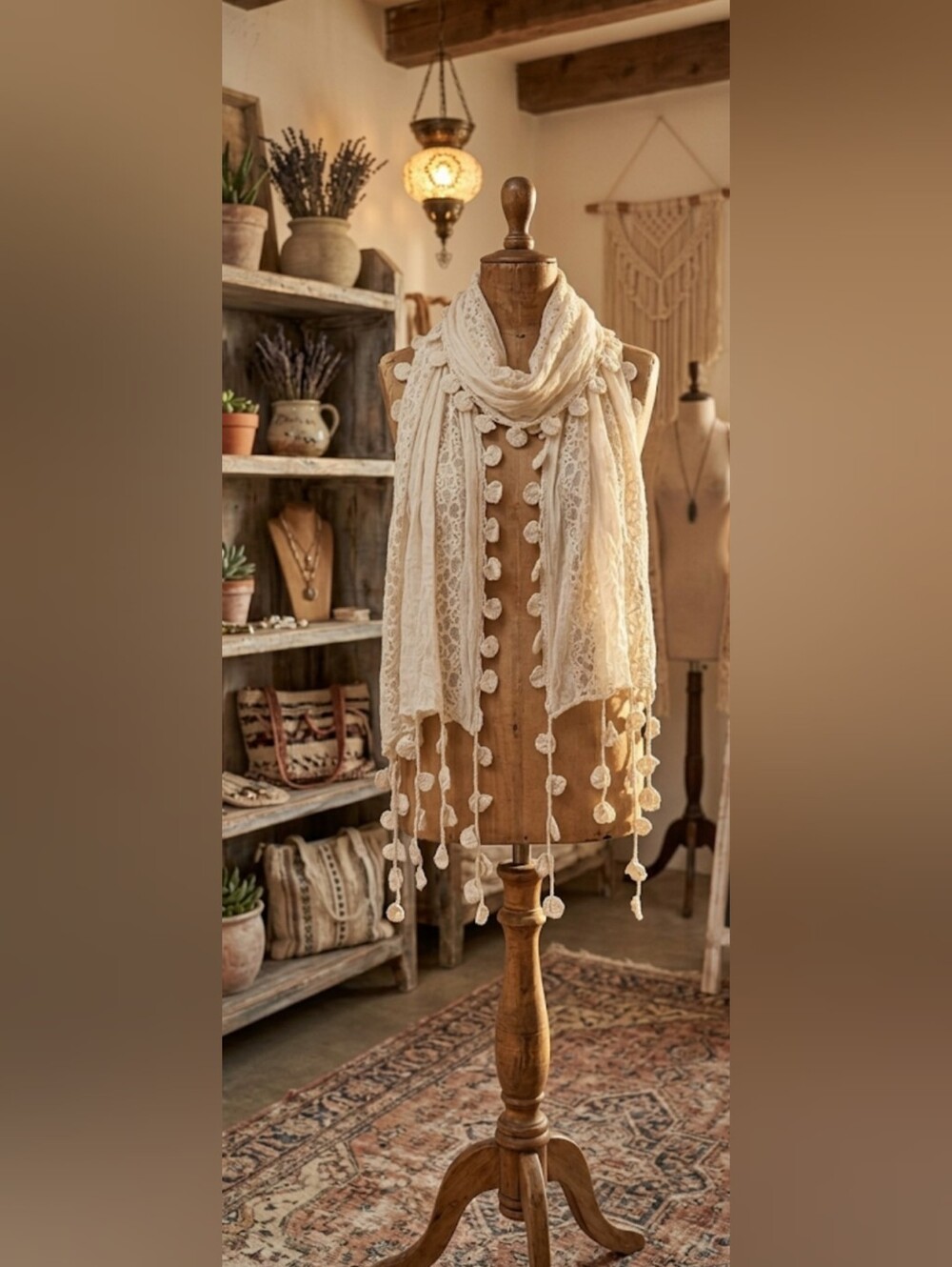 Boho Chic Cream Lace Design Fringe Long Bohemian Scarf NWOT